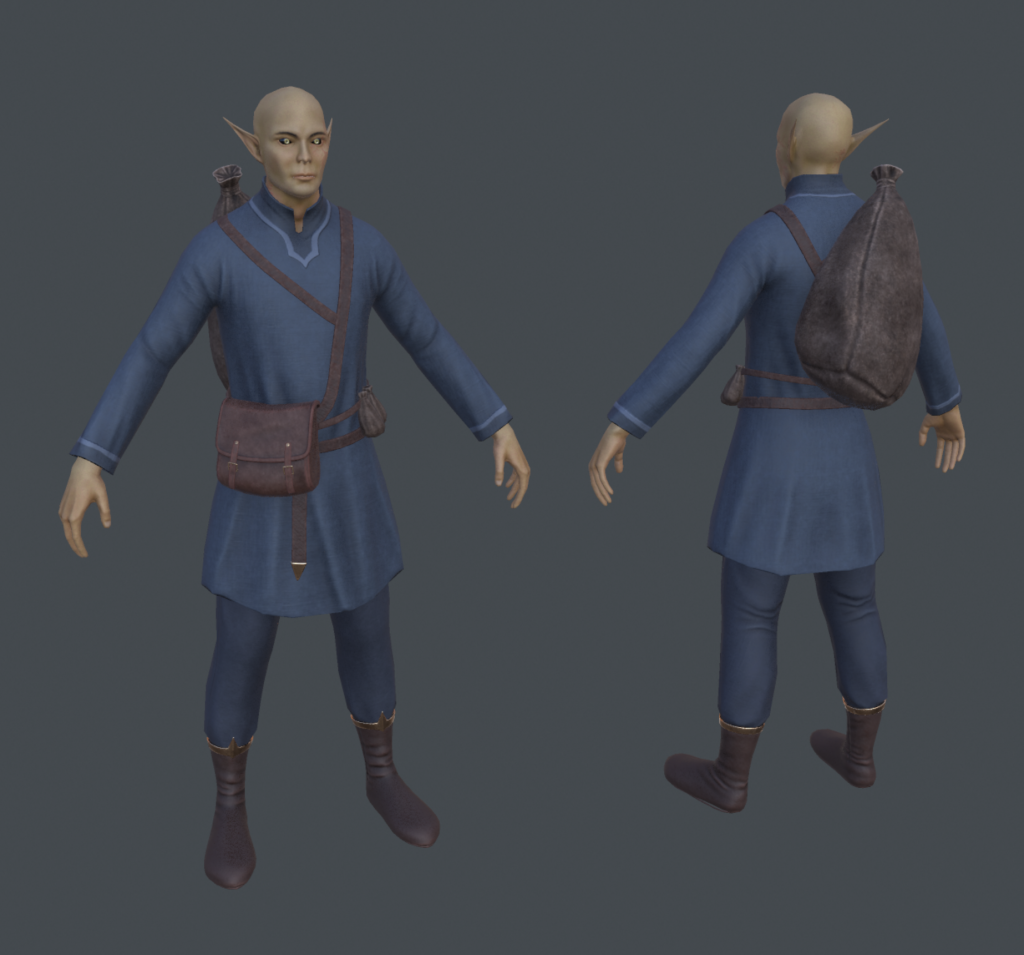 Front and back of a fully textured Storm Elf Merchant model.