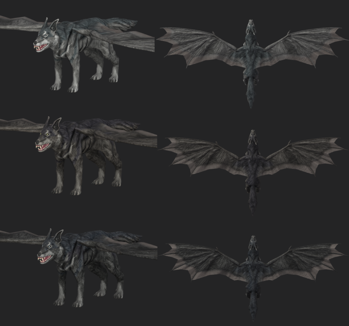Screenshot from ZBrush showing the three colour variants of Skyhounds from Depths of Erendorn