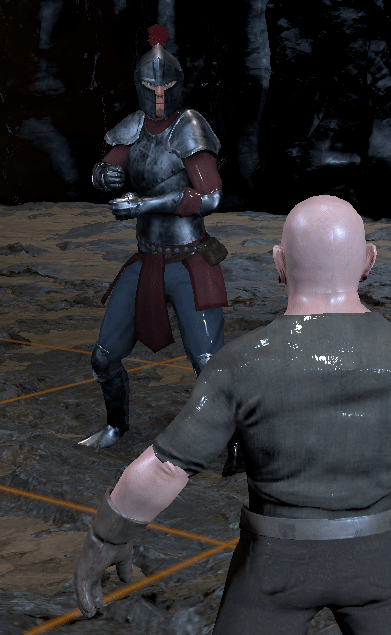 Knight from Depths of Erendorn bringing his sword down onto an Earthen Dwarf