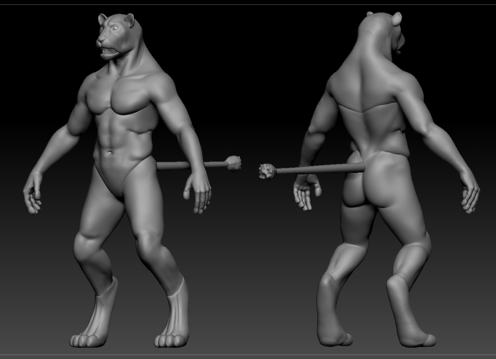 Front and back of a Lionman sculpt in ZBrush with no mane