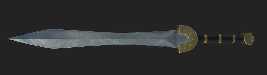 Model of a dagger that curves in at the centre of the blade