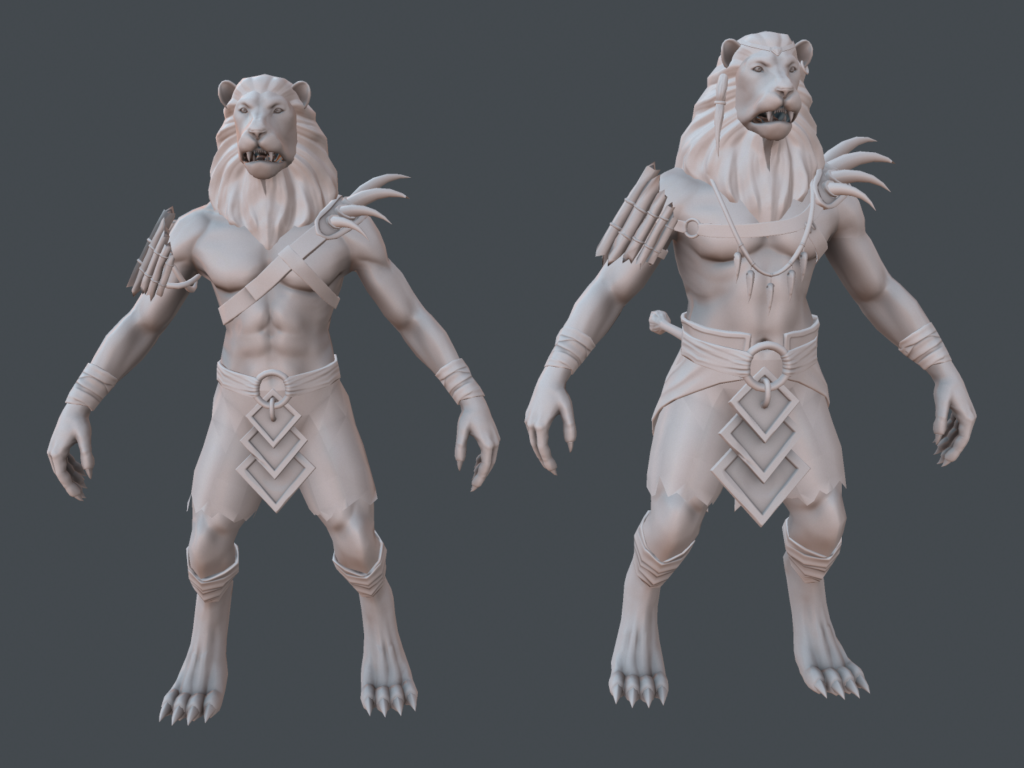 The baked models of the Unproven and Proven Lionmen stood next to each other in ZBrush