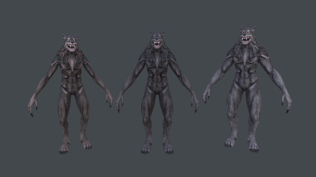 3 variant sizes of Wolvajin models, each one slightly more muscular