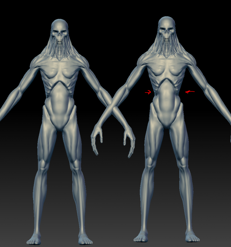2 Ghoul models in ZBrush stood side by side. One has its waist tucked in more than the other