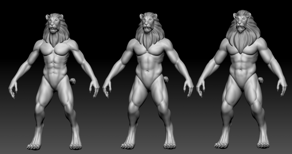 3 ascending sizes of Lionmen base meshes in ZBrush with manes