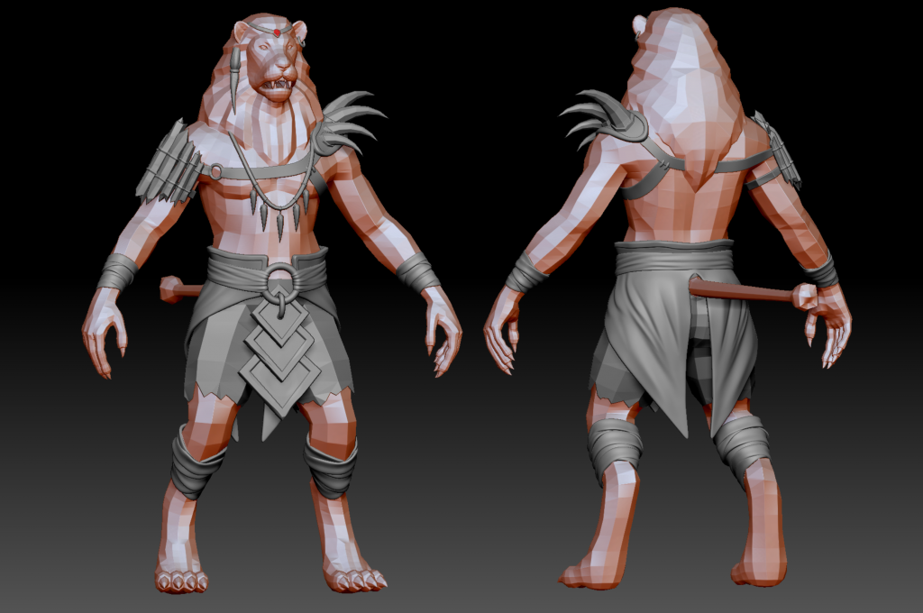 Front and back of a Proven Lionman low poly mesh in ZBrush with creases in its skirt