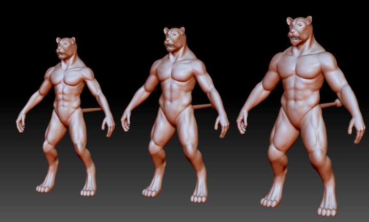 3 ascending sizes of Lionmen sculpts in ZBrush with no manes