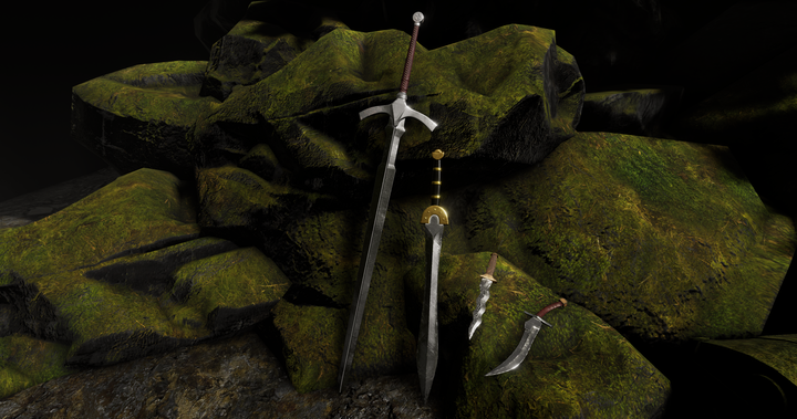Swords and daggers from Depths of Erendorn leaning against a moss-covered rock