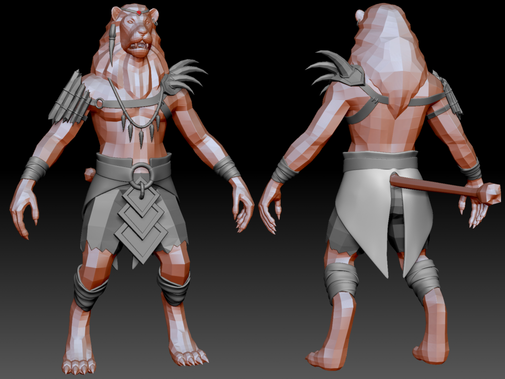 Front and back of a Proven Lionman low poly mesh in ZBrush