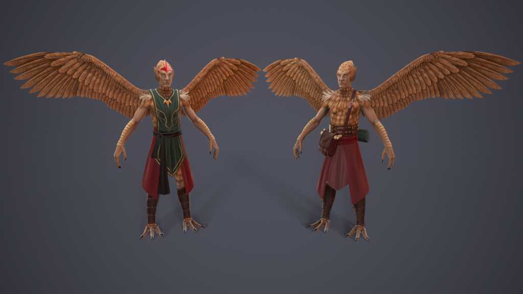 Fully textured models of Daggerclaw Harpy Slayer (left) and Wanderer (right) from Depths of Erendorn