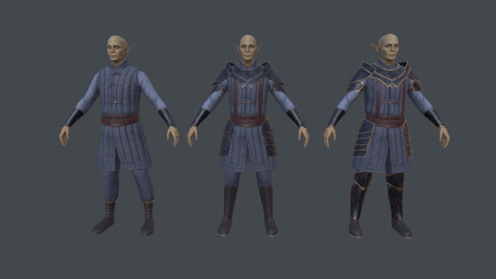 Lineup of textured models of Storm Elf Fighter, Warrior and Captain from Depths of Erendorn